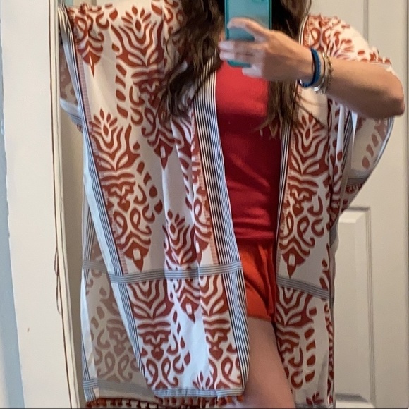 Swim cover up ball fringe rust cream and black color kimono, robe - Picture 6 of 6